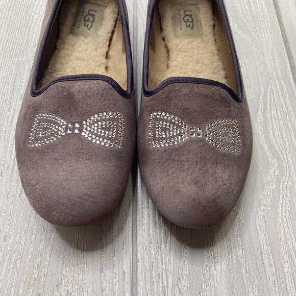 Ugg Women's Alloway Grey Suede Crystal Bow Bedazzled Ballet Flats Size 7.5 - Picture 7 of 9